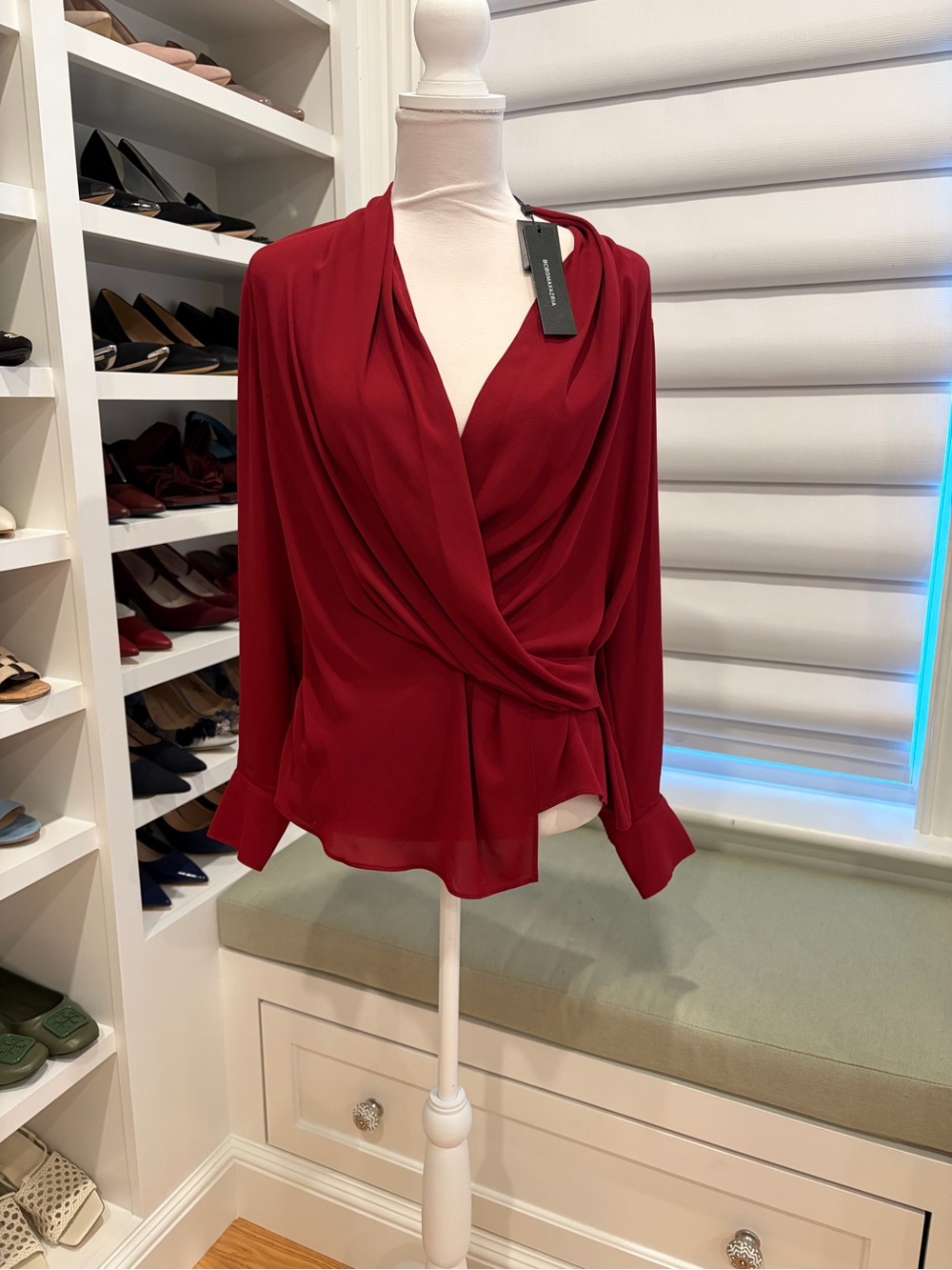 NWT Sz S BCBGMaxAzria Deep Red Draped Faux Wrap Blouse